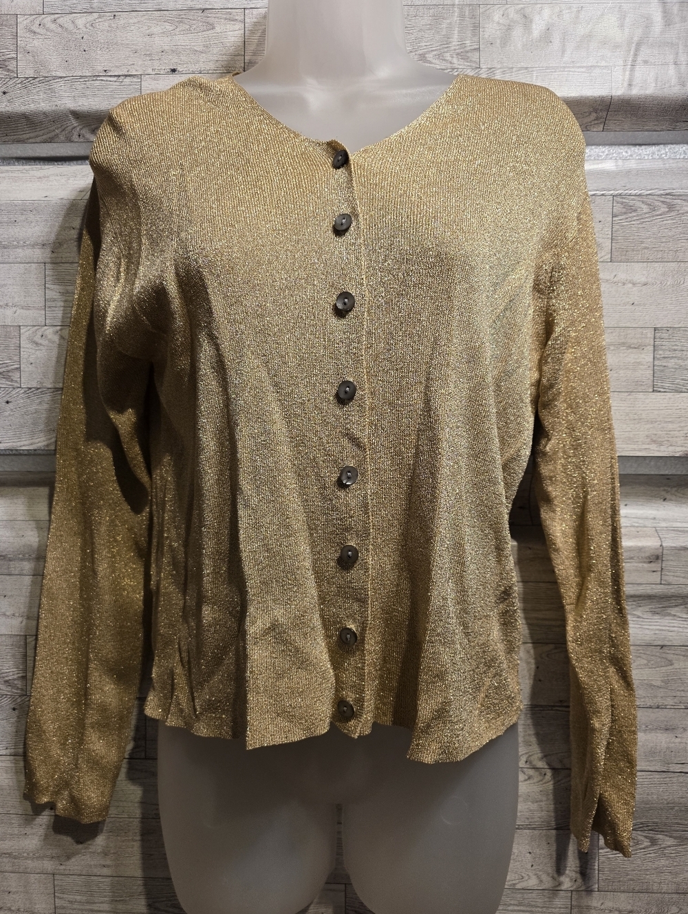 Lord & Taylor Gold Metallic Button-Front Cardigan